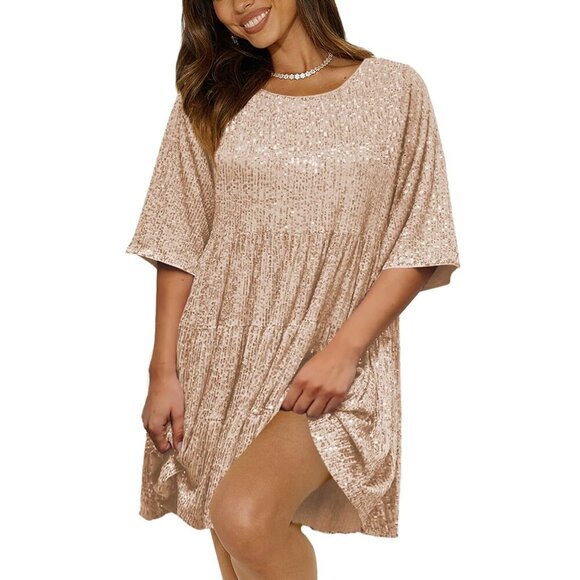 NWT MIYIEONZ Sequin Dress Sparkly Short Flowy Casual Loose Shiny  Gold SMALL - Picture 1 of 1